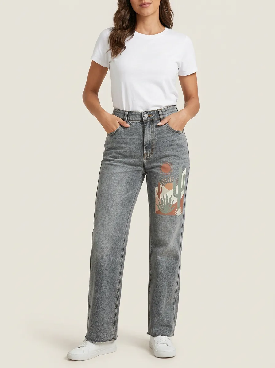 Women's Grey Desert Cactus Printed High-Rise Straight Leg Jeans