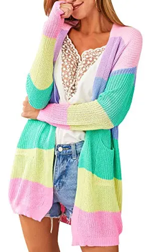 Womens Cardigan Color Block Striped Draped Kimono Cardigans Long Sleeve Open Front Casual Knit Sweaters Coat Outwear