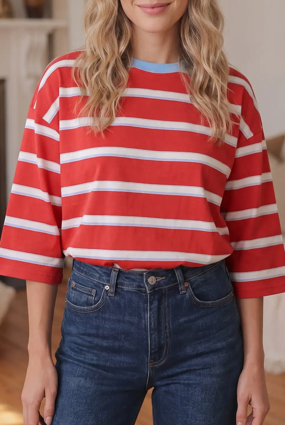 Striped Open Back Relaxed Cotton Blend Long Sleeve T-Shirt