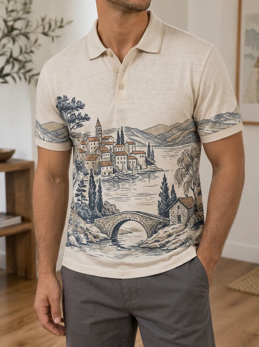 Men's Mediterranean Village Landscape Printed Polo Shirt Everyday Casual Style