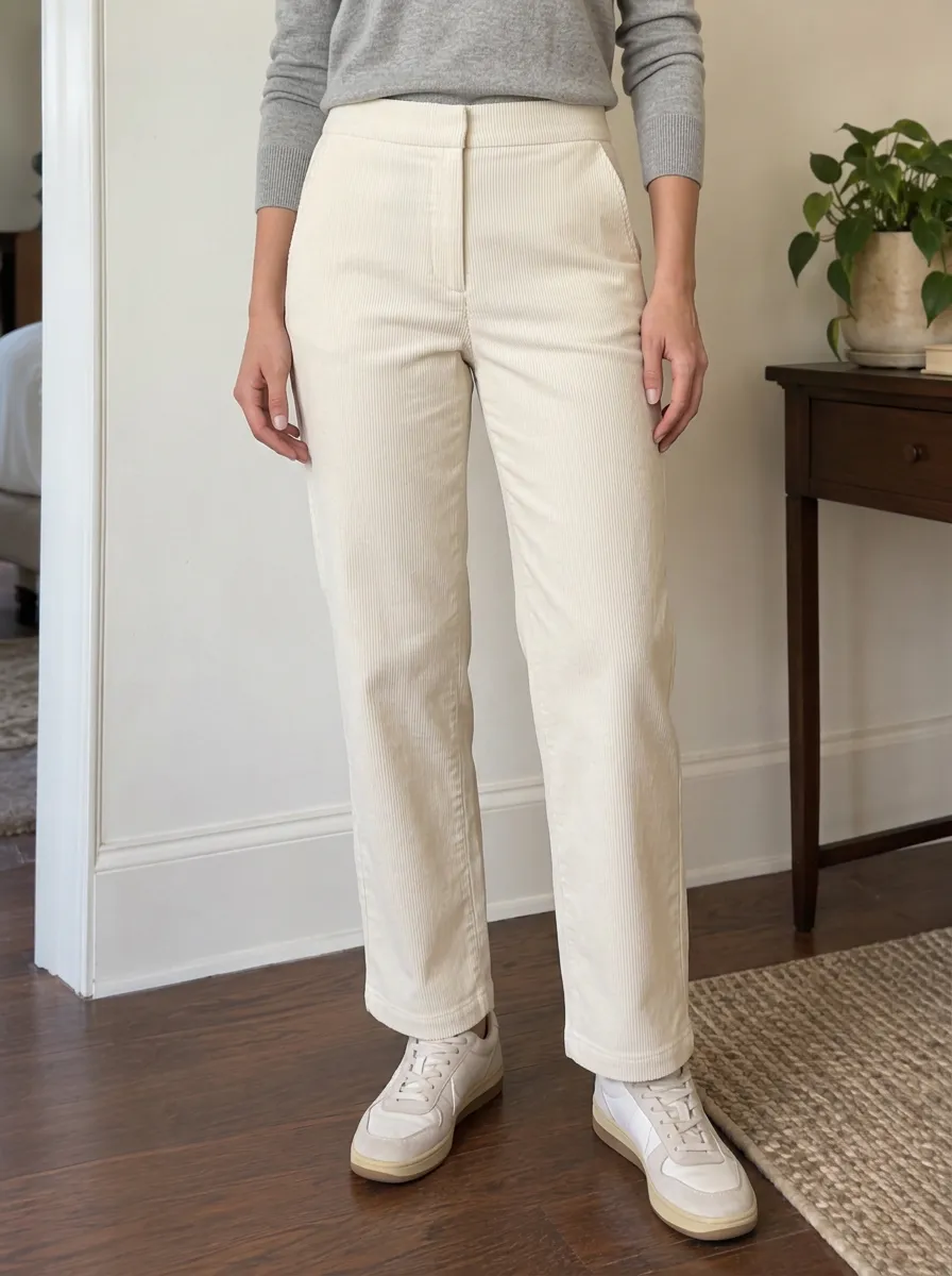 Women's Casual Minimalist Cream Corduroy Straight Pants