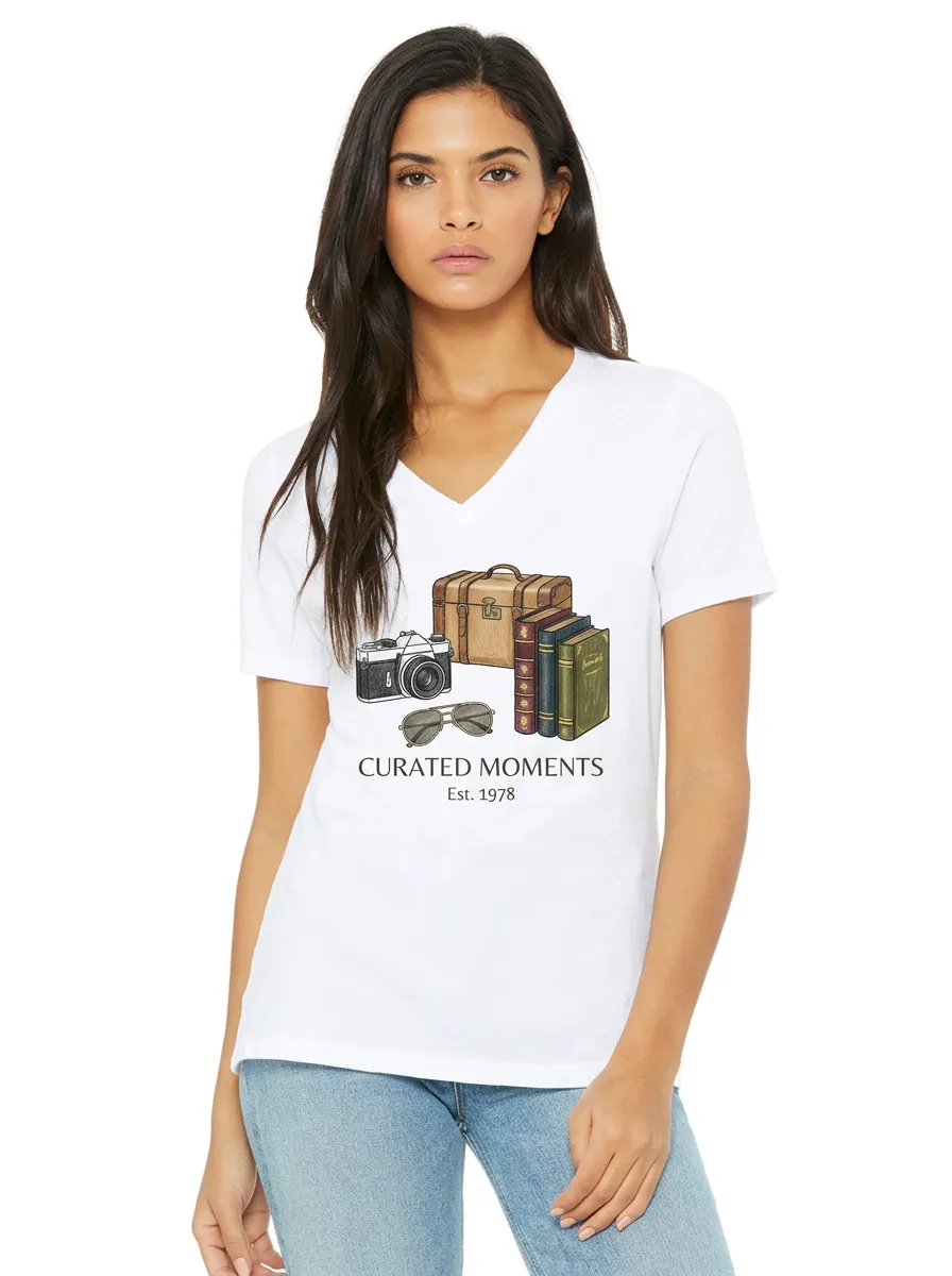 Women's Travel-Inspired Vintage Camera Books Printed V-neck T-Shirt