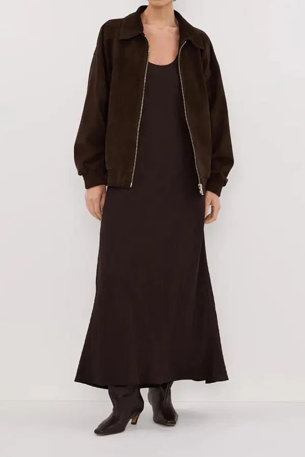 BITTER CHOC SUEDE BOMBER COAT