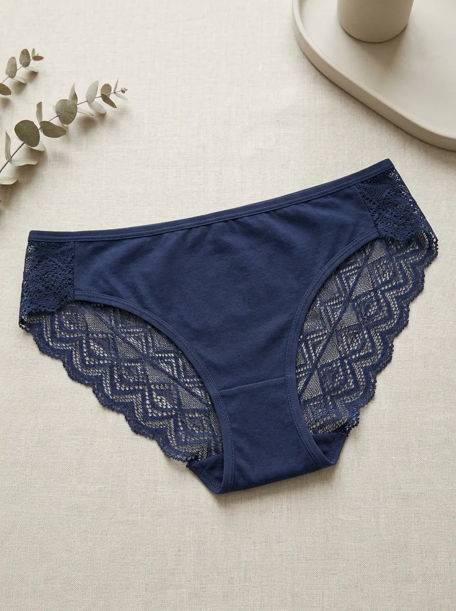 Women's Navy Blue Geometric Lace Trim Cotton Panties