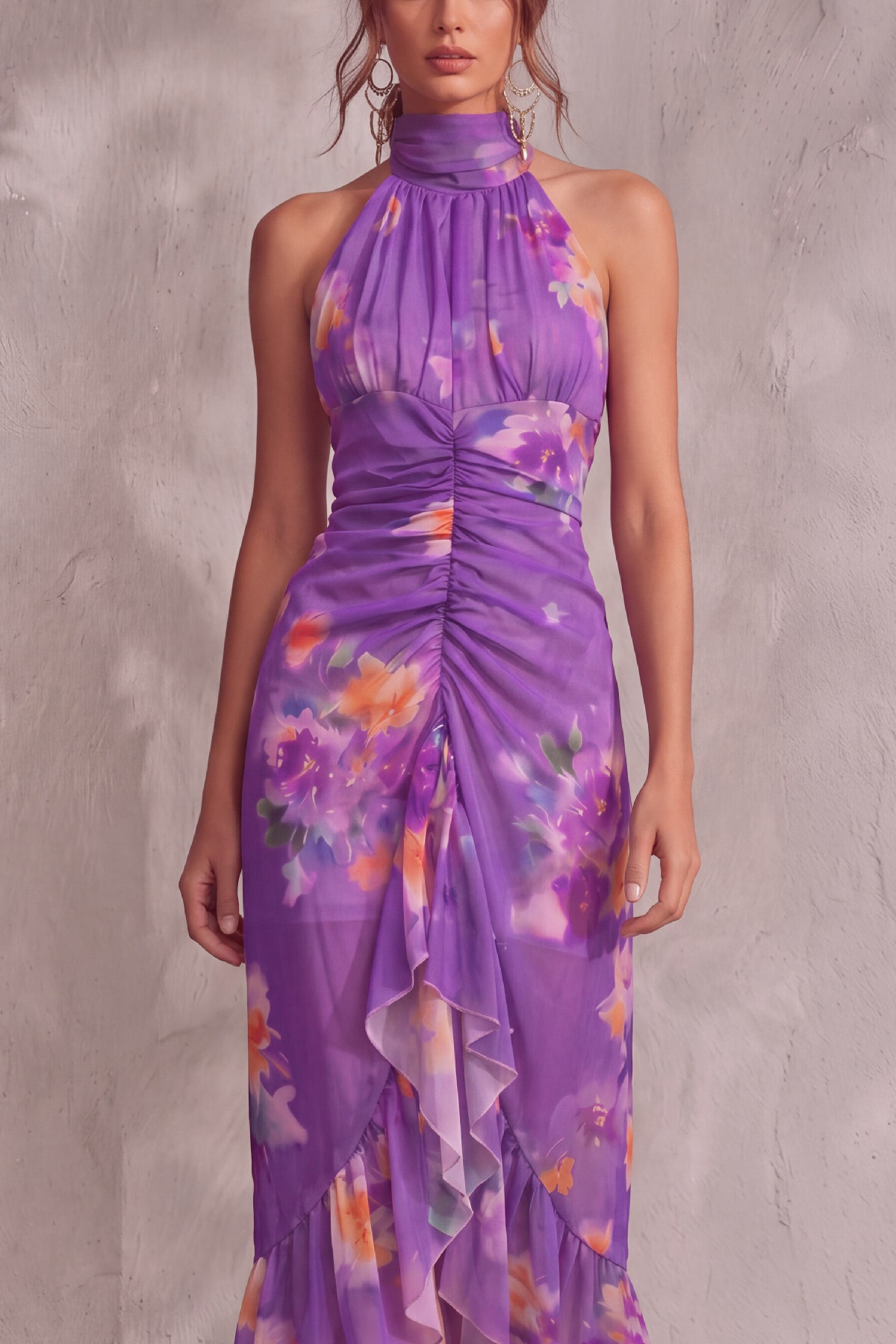 Halter Neck Ruched Midi Dress