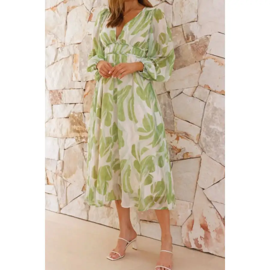 Printed V-neck Long Sleeve Midi Dress
