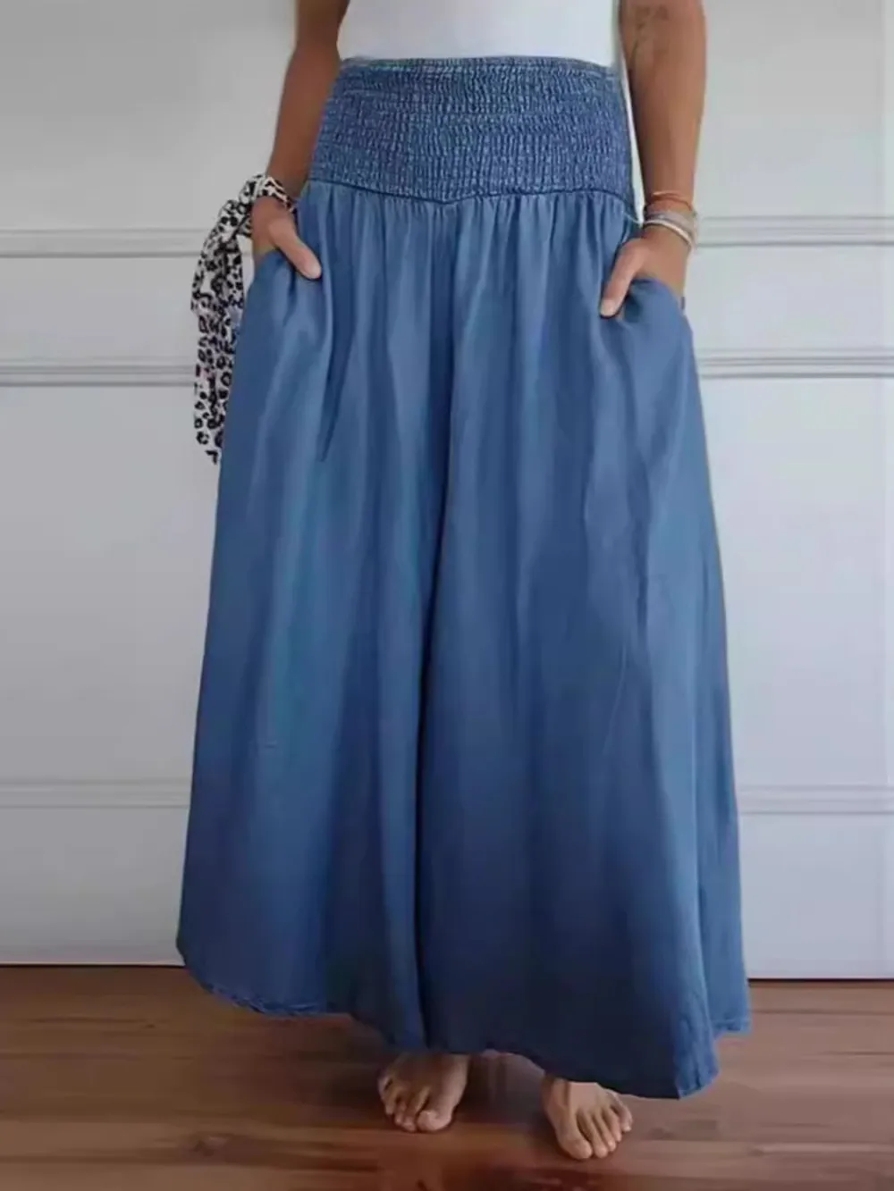 Full Size Smocked Wide Leg Pants With Pocket
