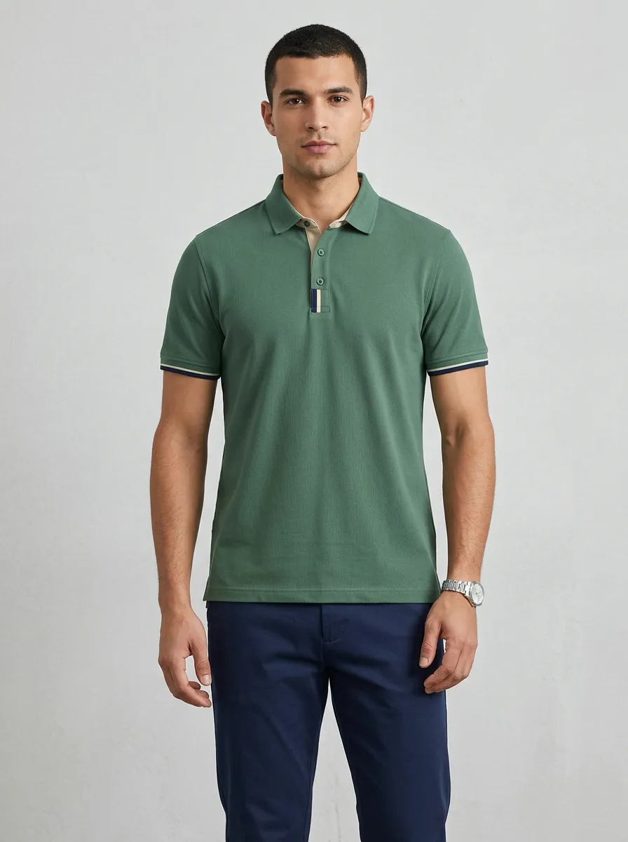Men's Casual Green Contrast Trim Striped Placket Polo Shirt