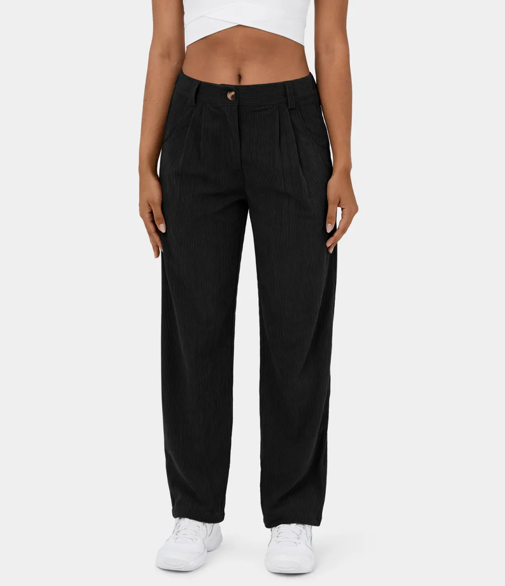 Mid Rise Button Zipper Side Pocket Corduroy Casual Pants