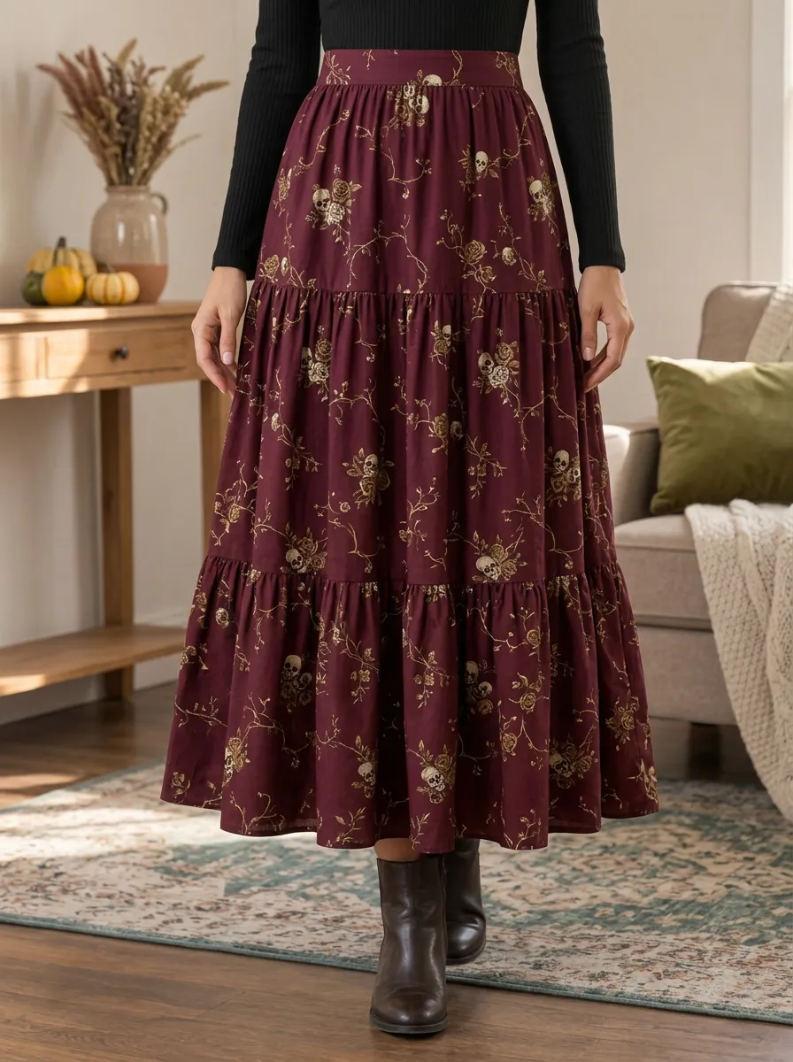 Women's Halloween Gothic Skull Floral Printed Tiered Maxi Skirt