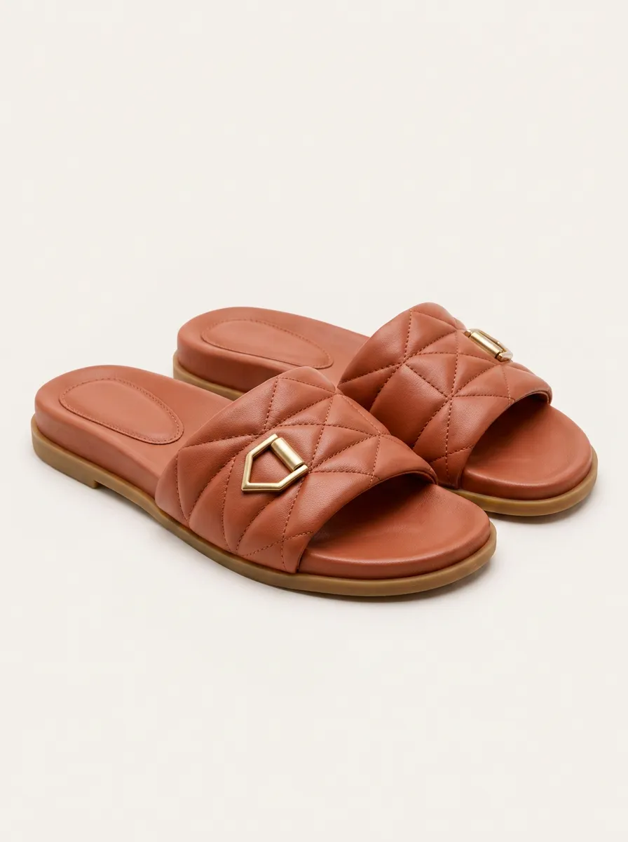 Women's Casual Brown Quilted Buckle Flat Slides