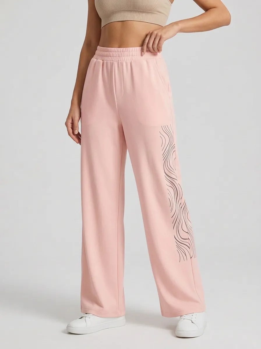 Women's Cream Graphic Print Wide-Leg Sweatpants