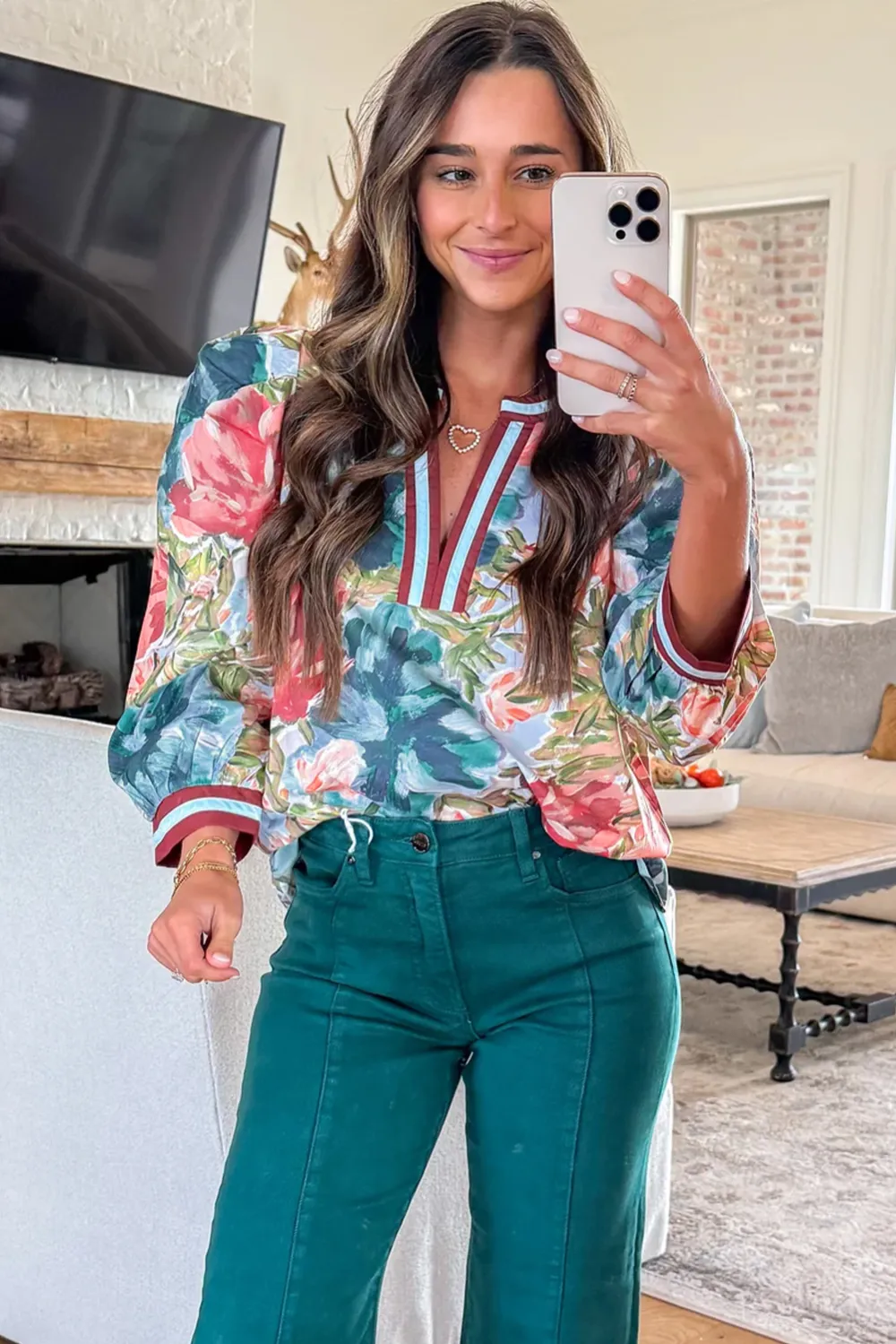 Sky Blue Contrast Trim V Neck Blouse