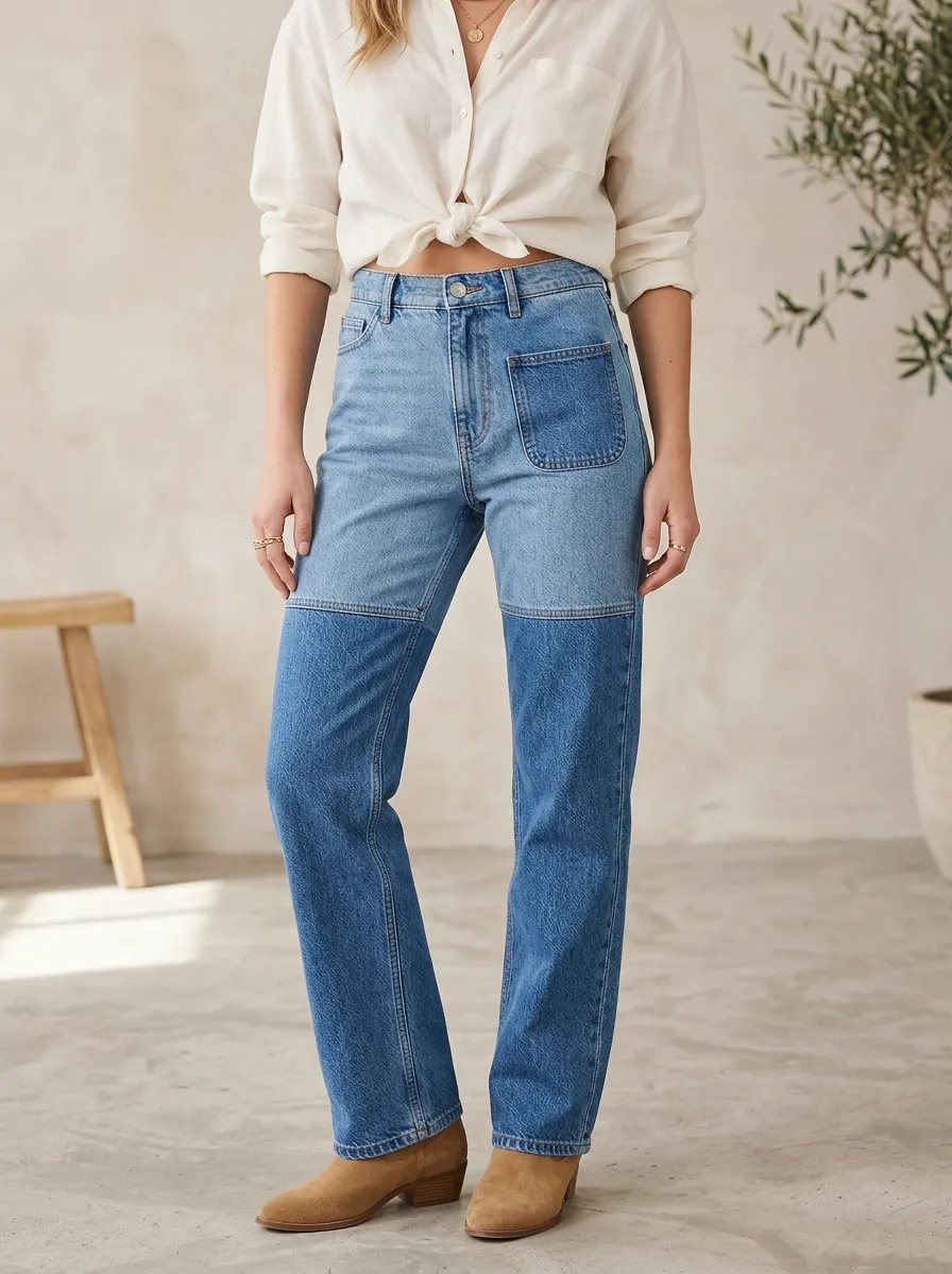 Women's Casual Fashion Two-tone Patchwork Denim Pants