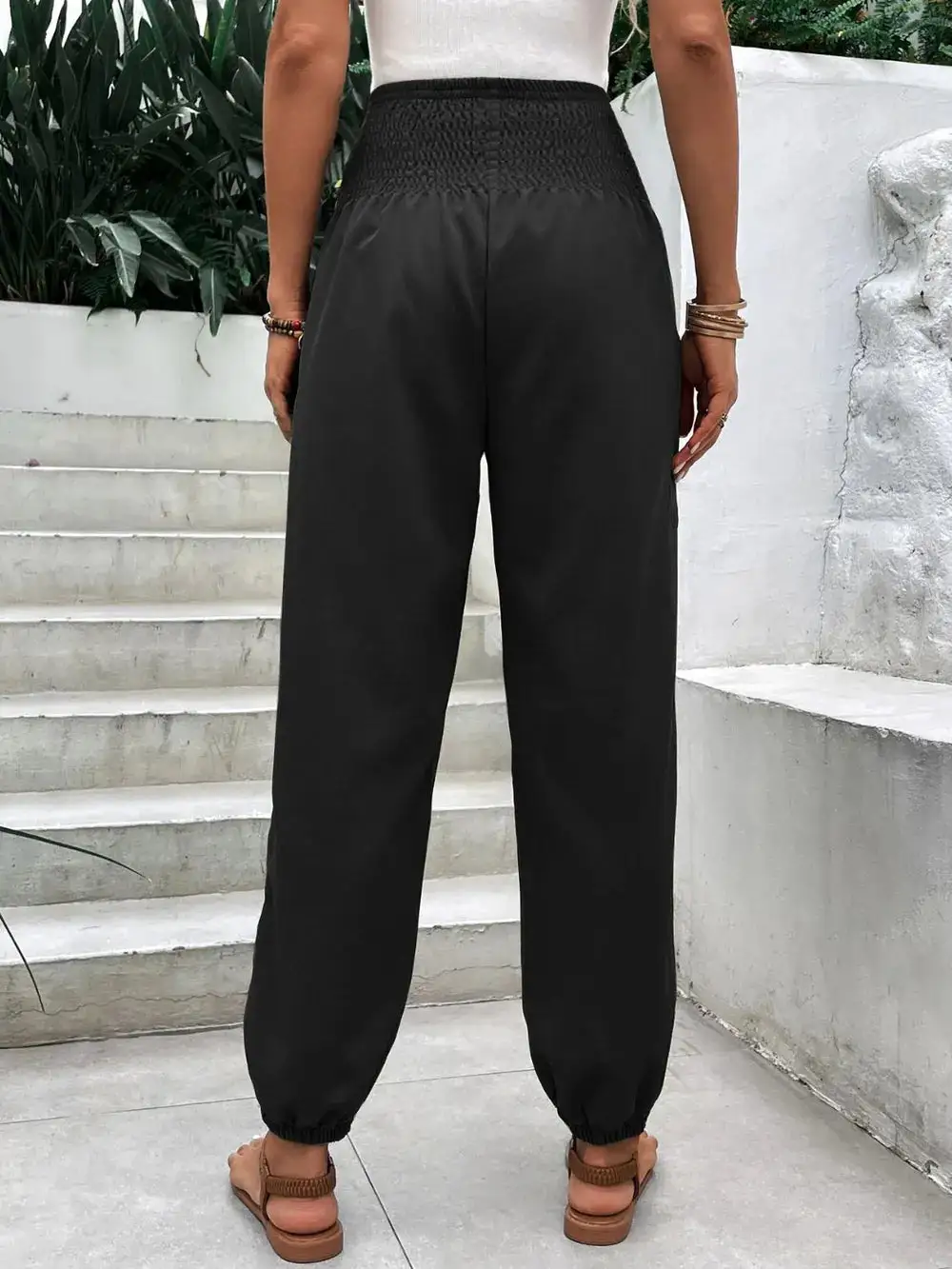 Jogger High Waist Smocked Waist Pocketed Pants