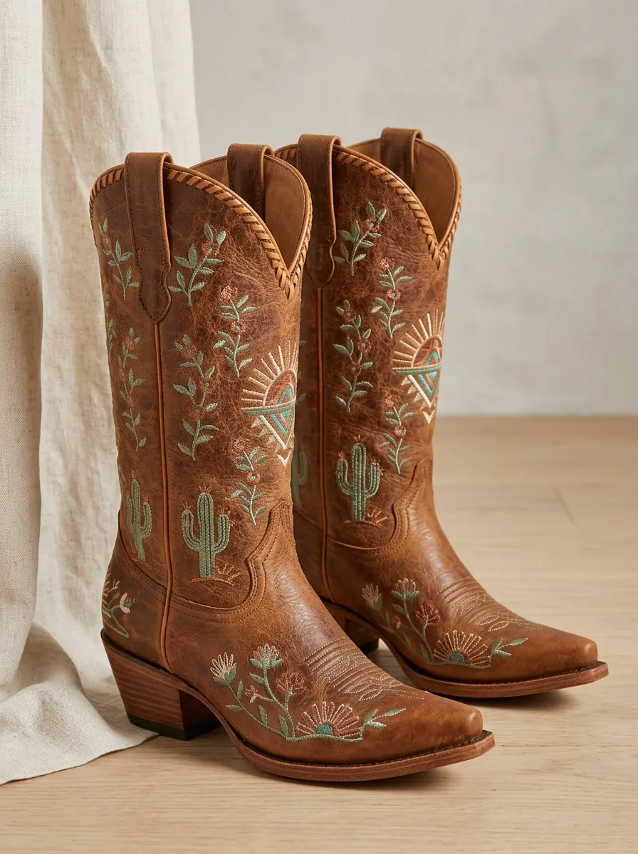 Frontier Cactus Floral Embroidered Ranch Look Unisex Western Cowboy Boots
