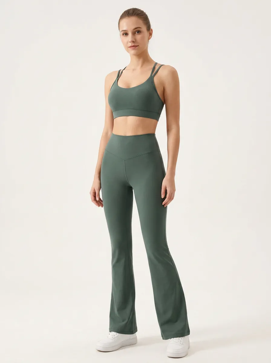 Women's Yoga Fitness Solid Green Strappy Bra Flare Leggings Set