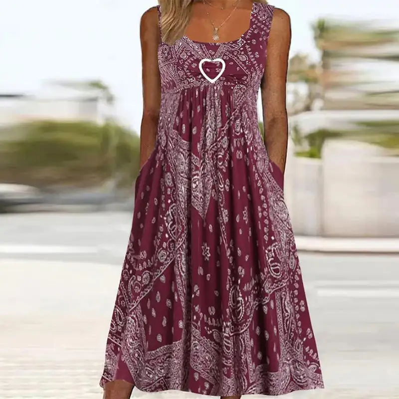 Women's A-Line Sleeveless Paisley Pocketed Maxi Dress
