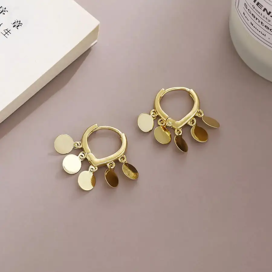 K Gold Plated Drop Hoop Earrings with Dangling Disc Charms