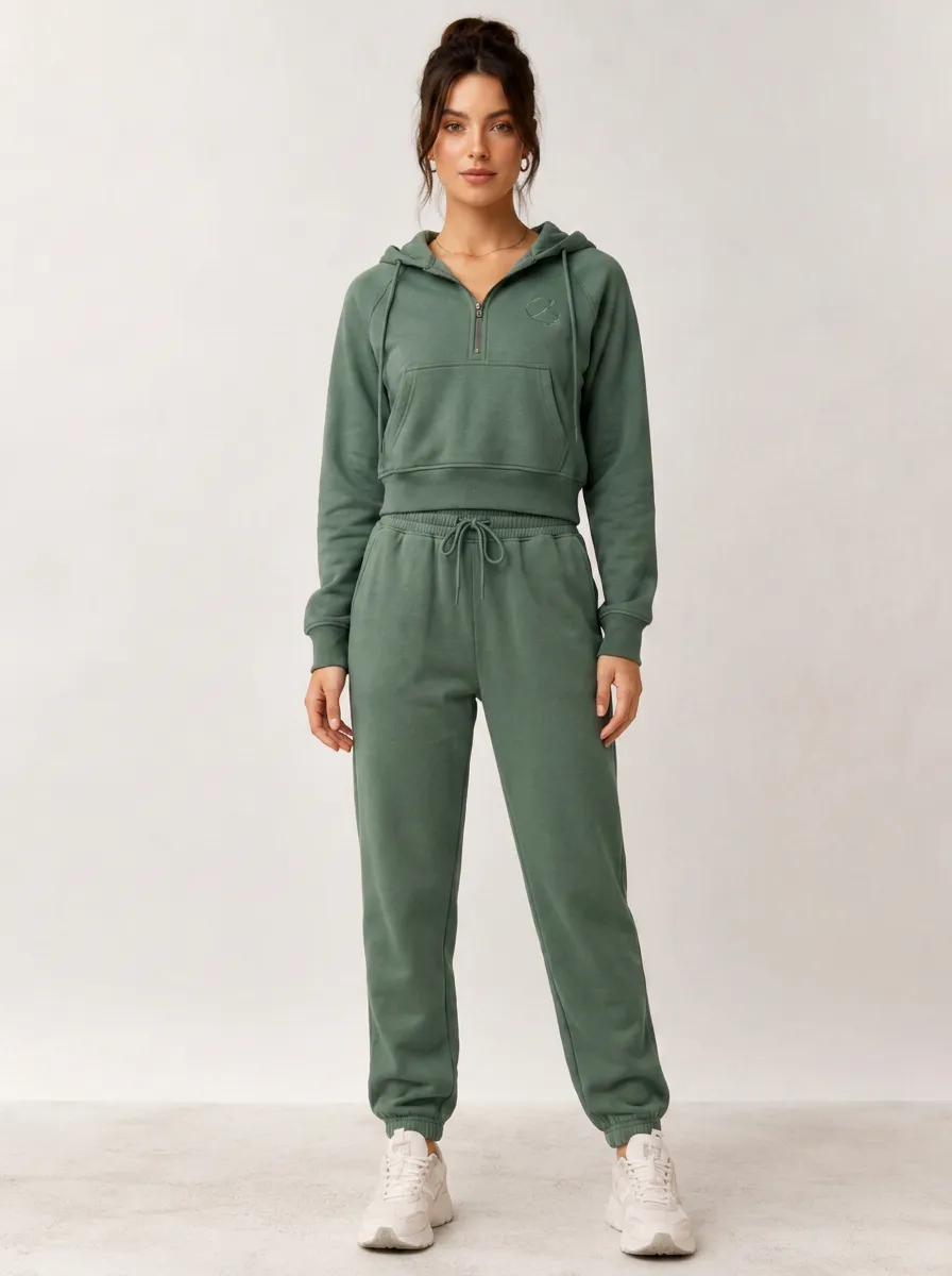Women's Sage Green Quarter-Zip Cropped Hoodie Jogger Set