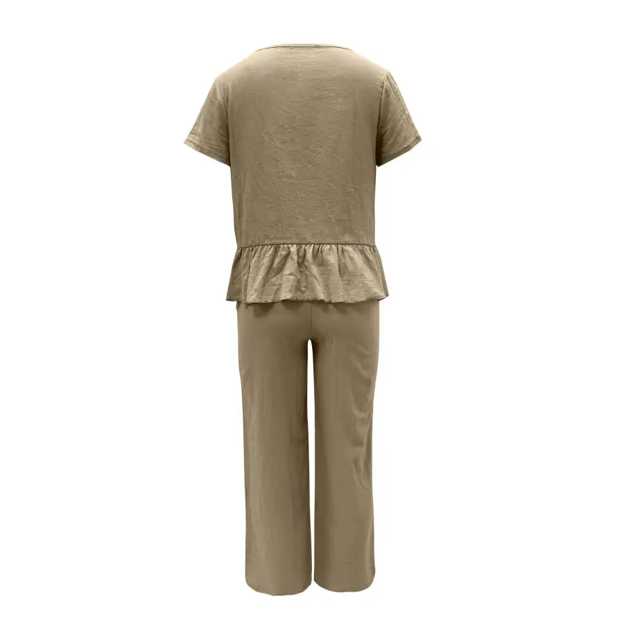 Peplum Round Neck Short Sleeve Top and Pants Set