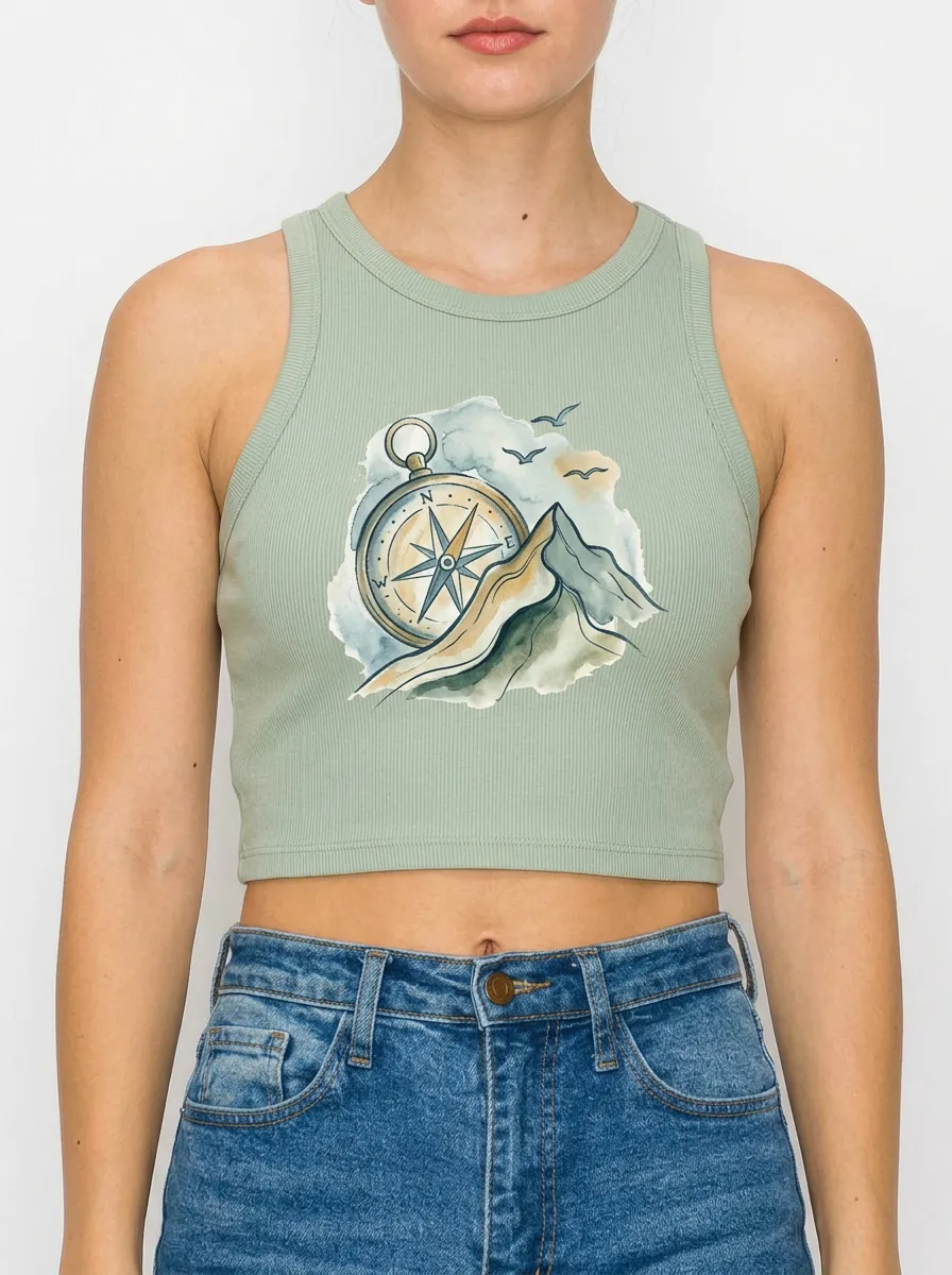 Women's Adventure Travel Compass Mountain Printed Crop Top