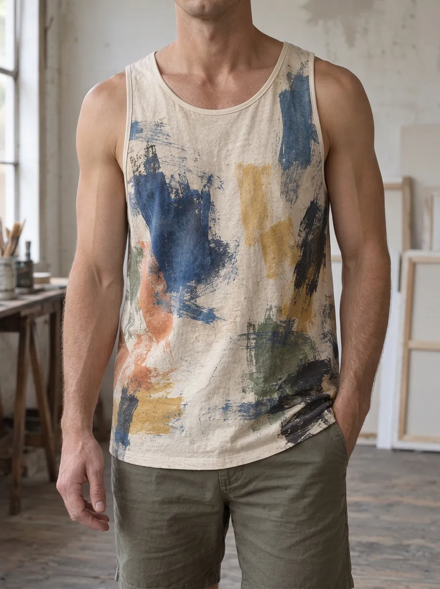Men's Artistic Abstract Brushstroke Scoop Neck Tank Top