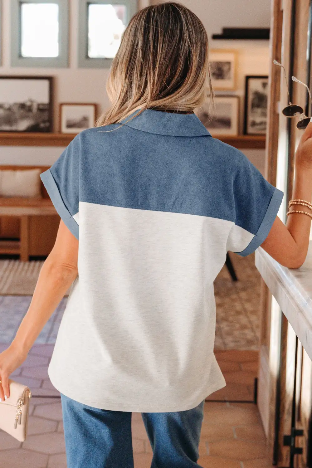 Women's Colorblock Patchwork Polo Collar Top