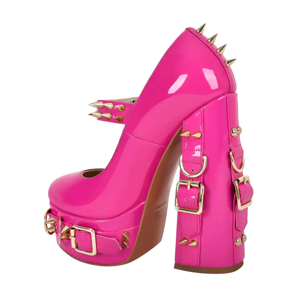 Patent Finish Rivet Round Toe Platform Chunky Heel Pumps
