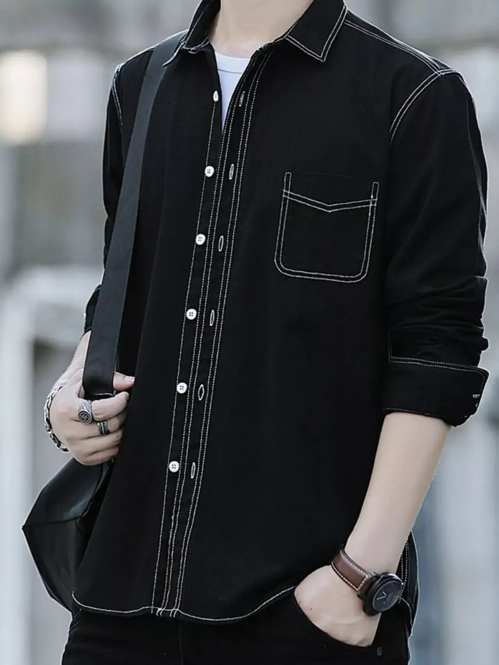 Contrast Stitching Button Up Long Sleeve Shirt