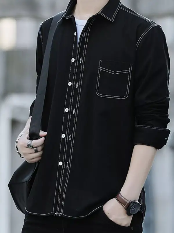 Contrast Stitching Button Up Long Sleeve Shirt