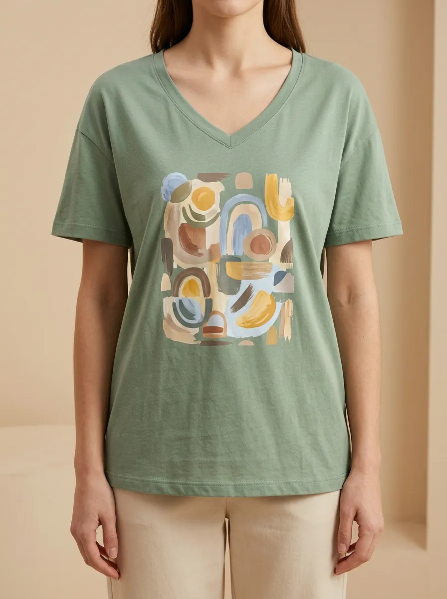 Women's Abstract Art Geometric Shapes Printed V-Neck T-Shirt