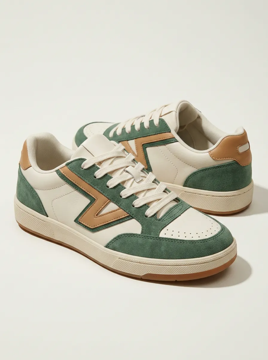 Women's Retro Casual Green Tan Colorblock Suede Printed Sneakers