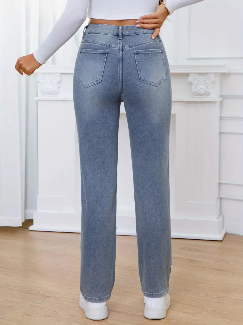 Denim High Rise Straight Leg Pocketed Jeans
