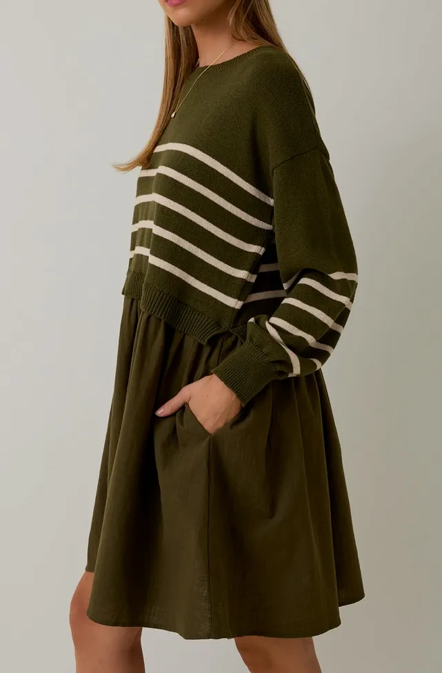 Olive Stripe Sweater Mix Mini Dress