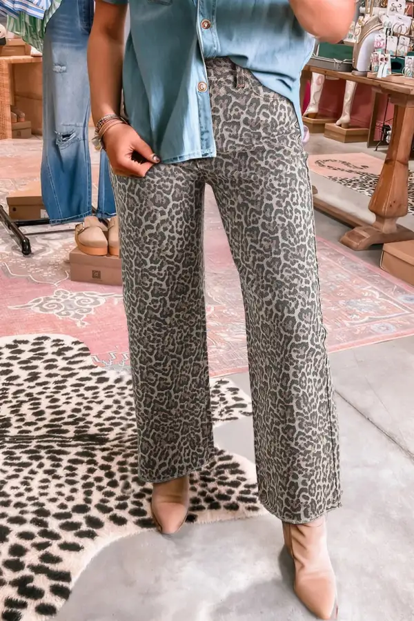 Denim Leopard Print High Rise Wide Leg Jeans