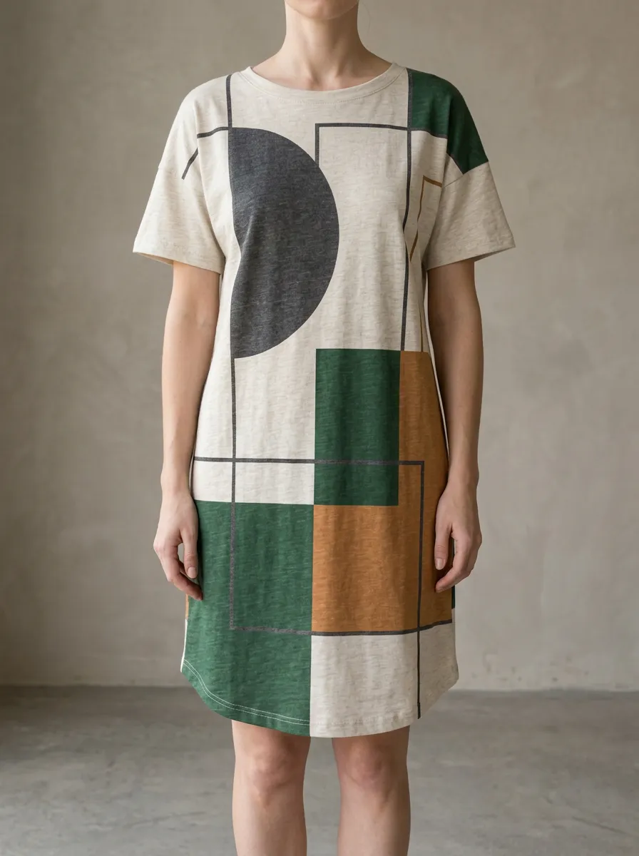 Women's Abstract Geometric Colorblock Printed T-shirt Dress