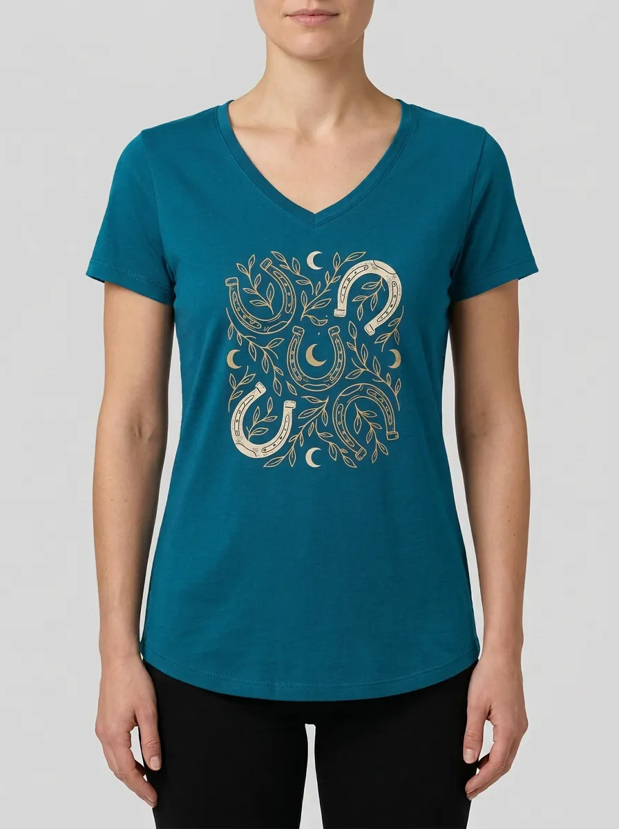 Women's Horseshoe Moon & Leaf Graphic V-Neck T-Shirt