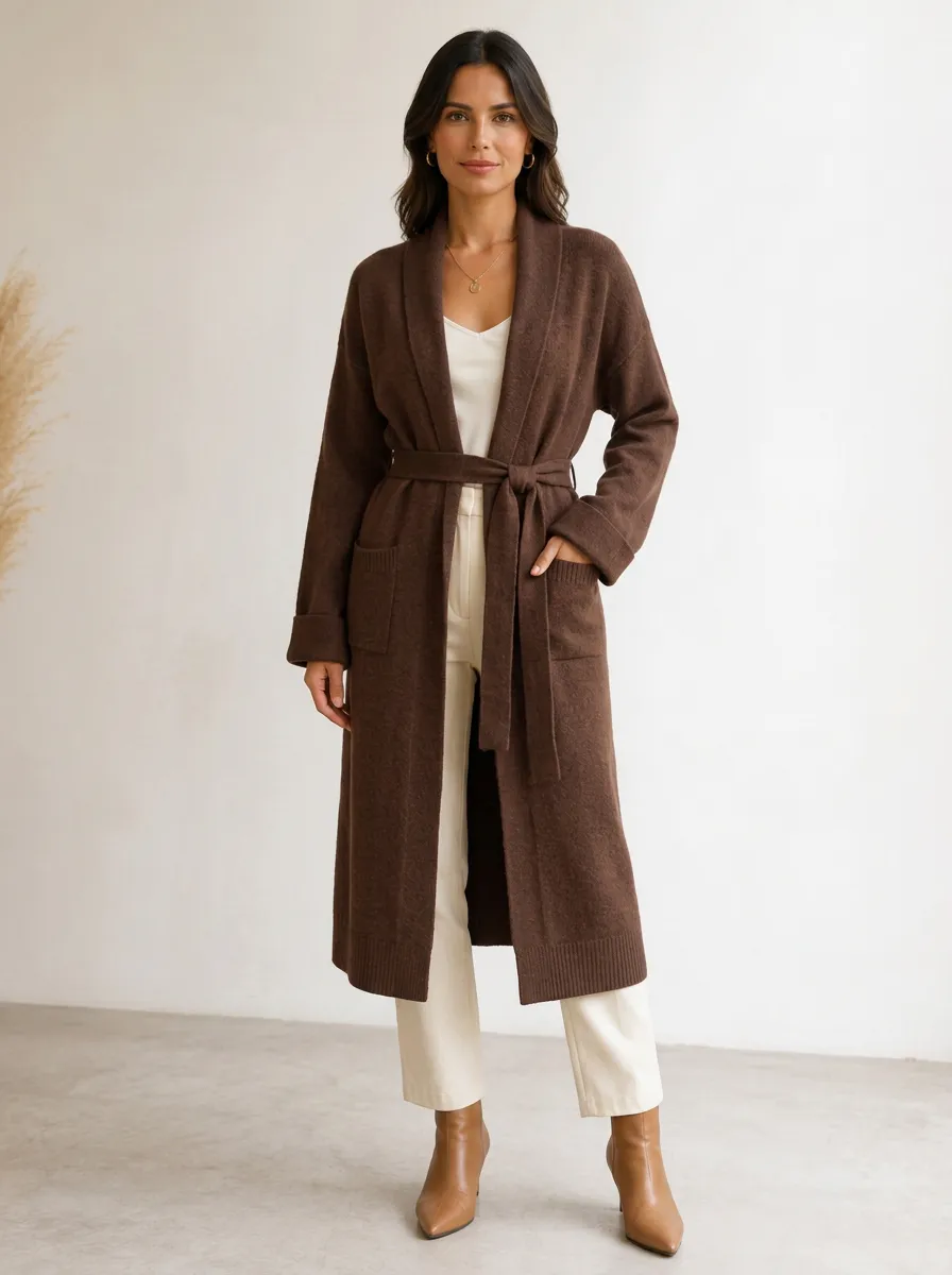 Women's Dark Belted Longline Cardigan