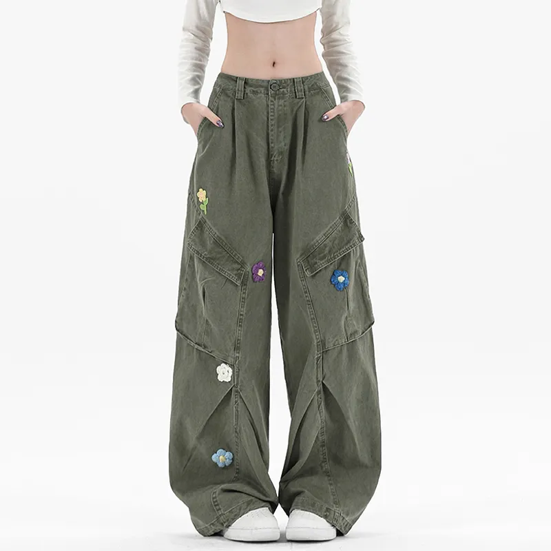 Multi Pocket Embroidered Floral Cargo Pants