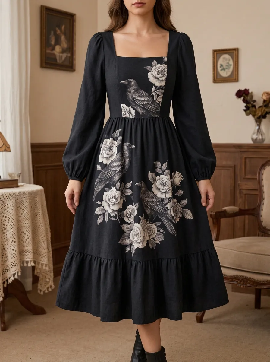 Women's Halloween Gothic Crow and Rose Printed Dress