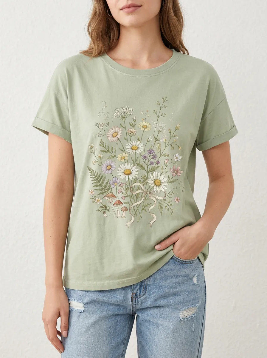 Women's Botanical Nature Lover Daisy Mushroom Printed T-shirt