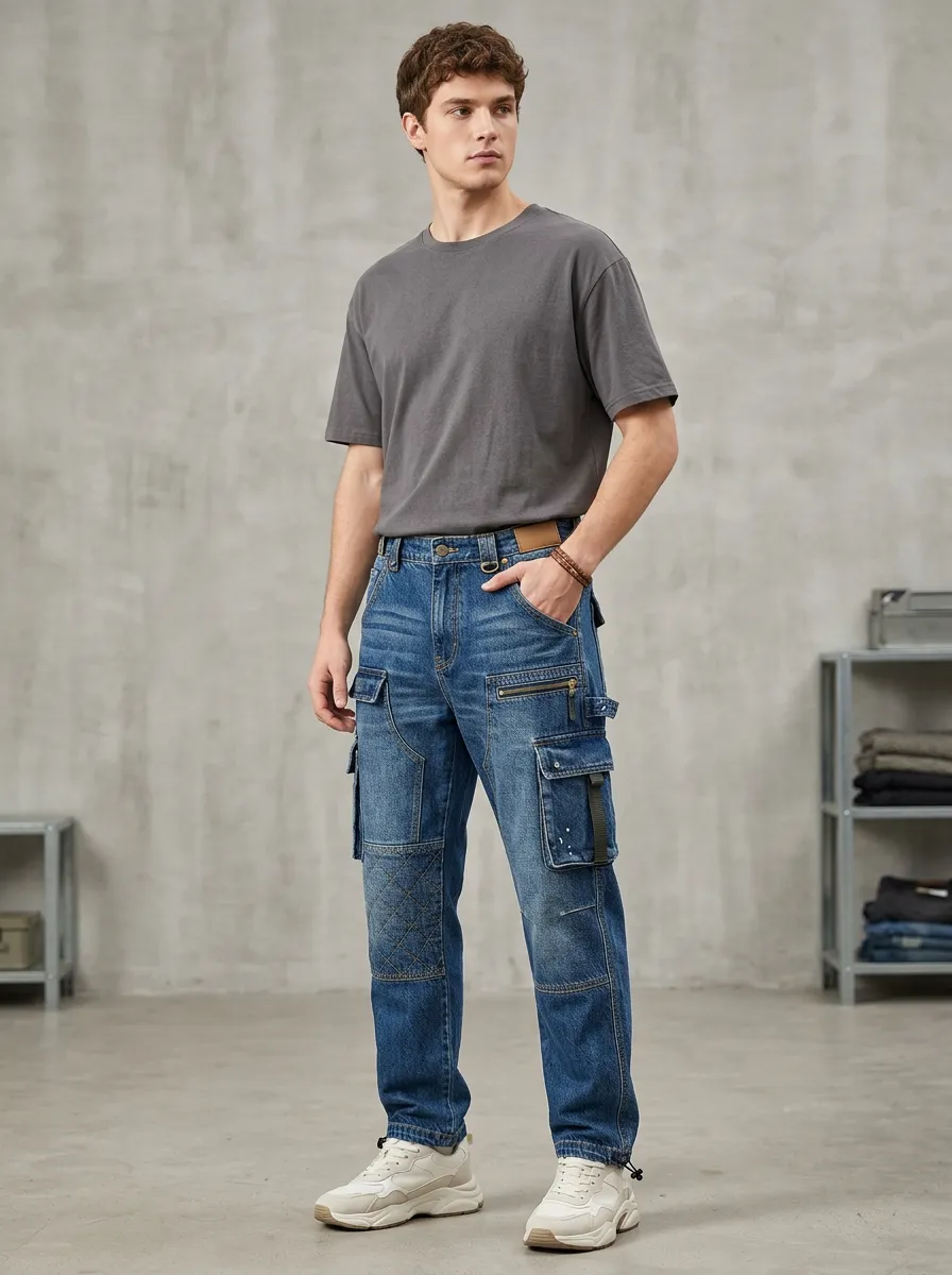 Men's Casual Streetwear Quilted Patchwork Multi-Pocket Cargo Jeans