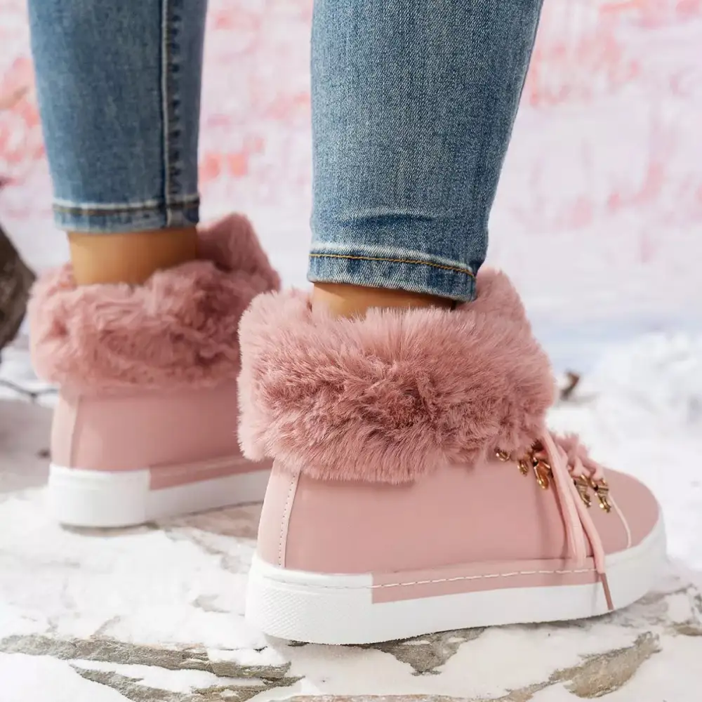 Refined Fuzzy Trim Lace-Up Ankle Boots