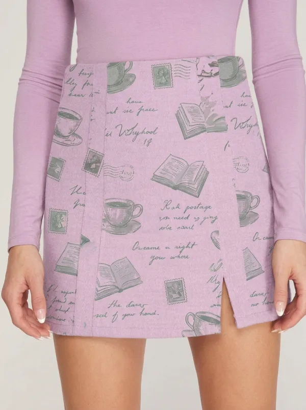 Women's Book Lover Coffee Stamp Script Printed Mini Skirt