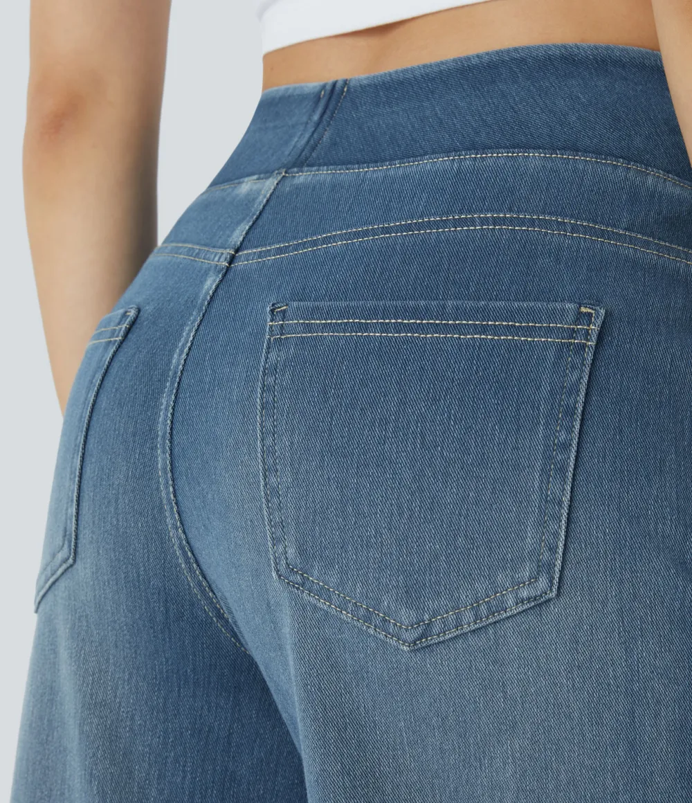 Magic High Waisted Multiple Pockets Wide Leg Washed Stretchy Knit Casual Jeans