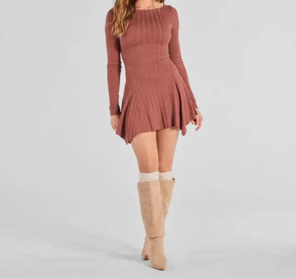 Red Brown Cashmere Knit A-Line Mini Dress