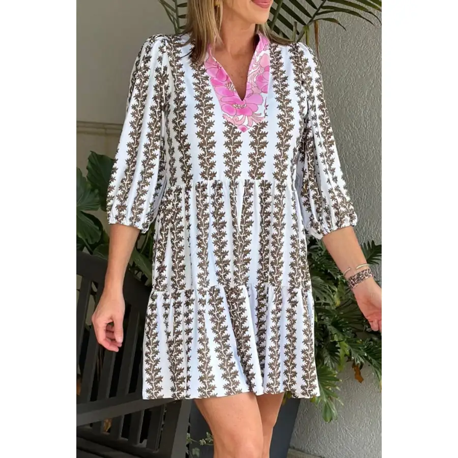 Notched Three Quarter Sleeve Mini Dress