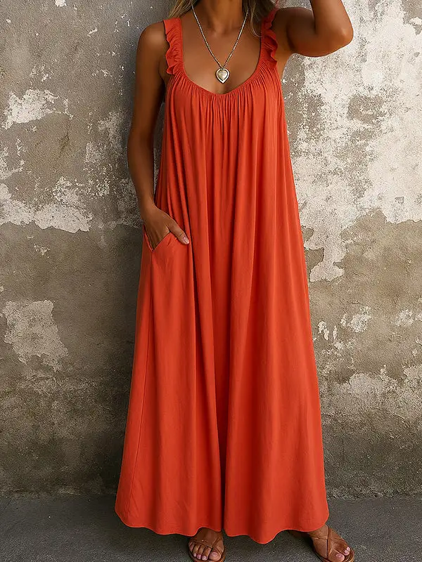 Pleated Ruffled Neck Maxi Dress