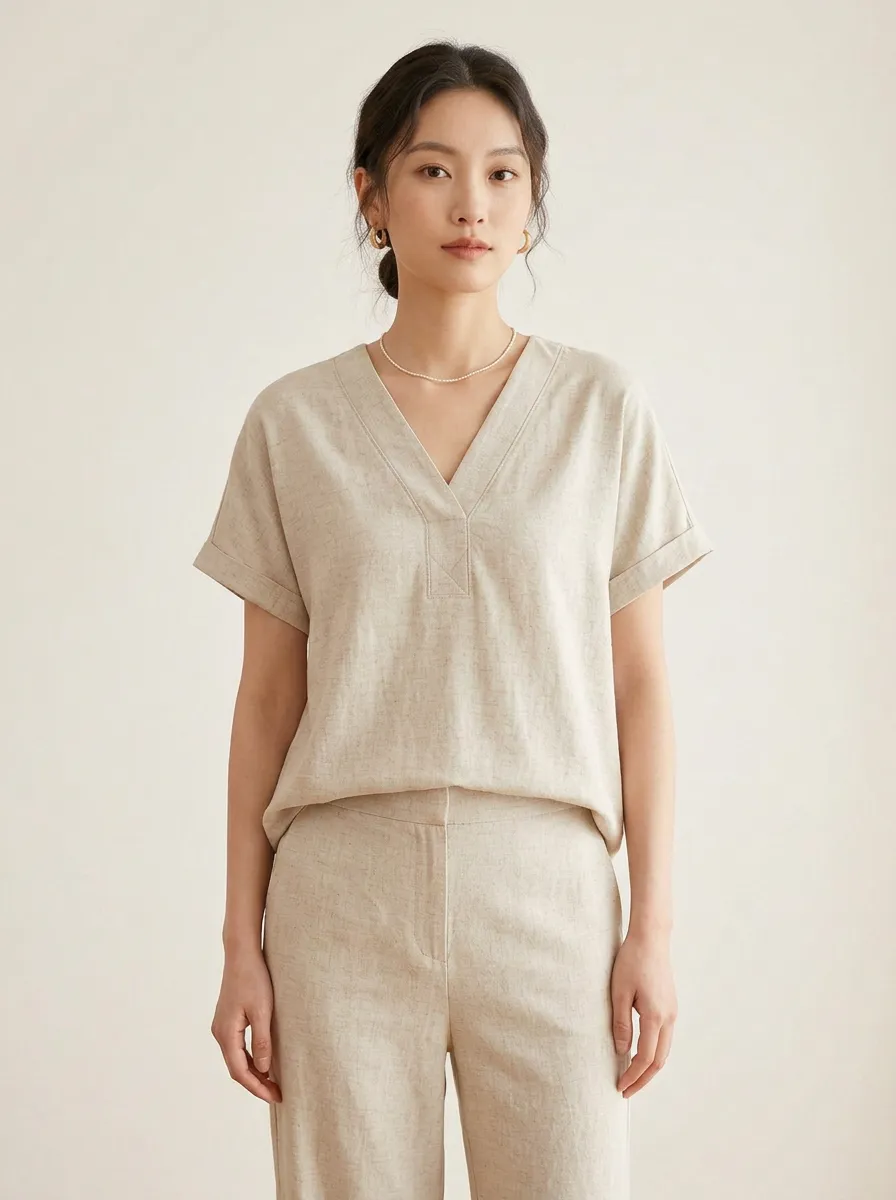 Short-Sleeve Cuffed-Sleeve Relaxed Women's V-Neck Casual Lounge Set